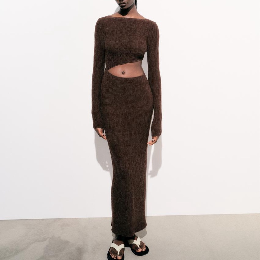 Zara textured brown long sleeve cut out dress
